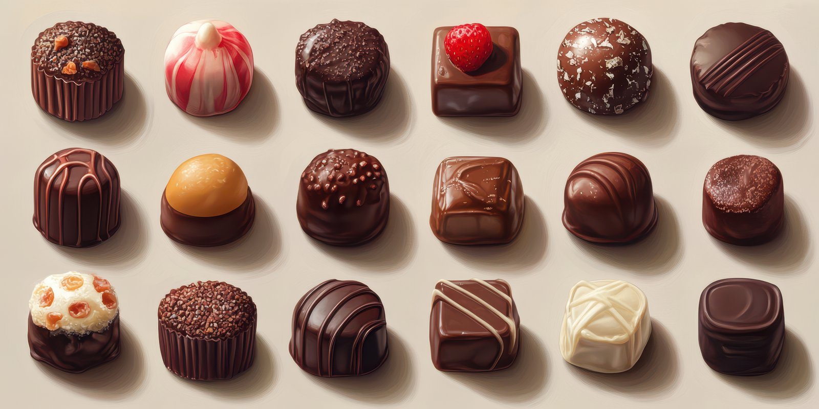 Various gourmet chocolate truffles arranged in a neat display on a light background